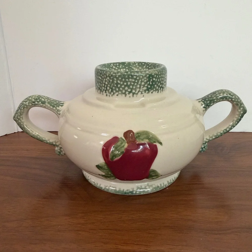 Ceramic Apple Taper Candle Holder Double Handle Farmhouse Green Cream Cottage